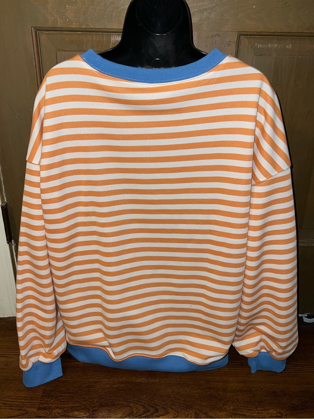 Oversized Crewneck Sweater Retro 70’s Relaxed Fit Orange White Stripes Size M - Picture 5 of 8
